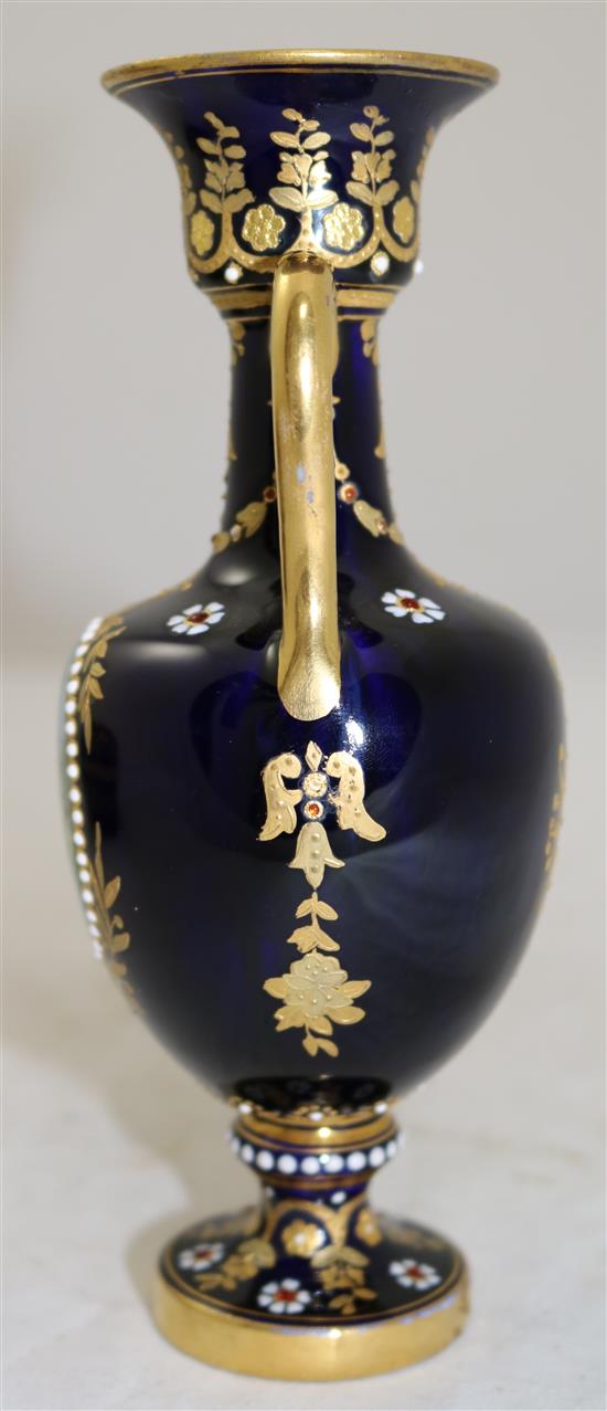 A Coalport jewelled twin handled vase and a heart shaped box and cover, late 19th century, vase 16cm, restored